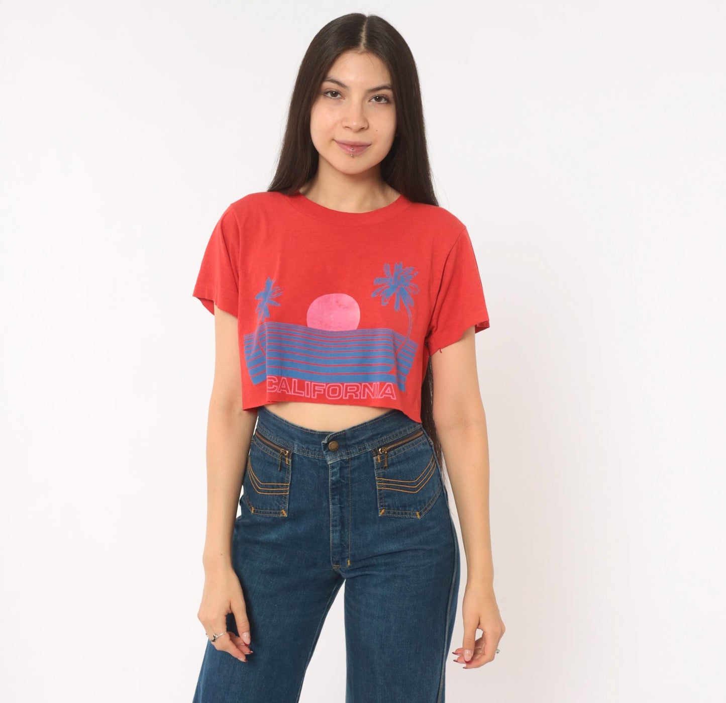 80s California Sunset Crop Top Red Graphic Tee Palm Tree Raglan Medium M