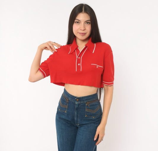 70s Red Cropped Polo White Piping Knit Top Button Front Medium M