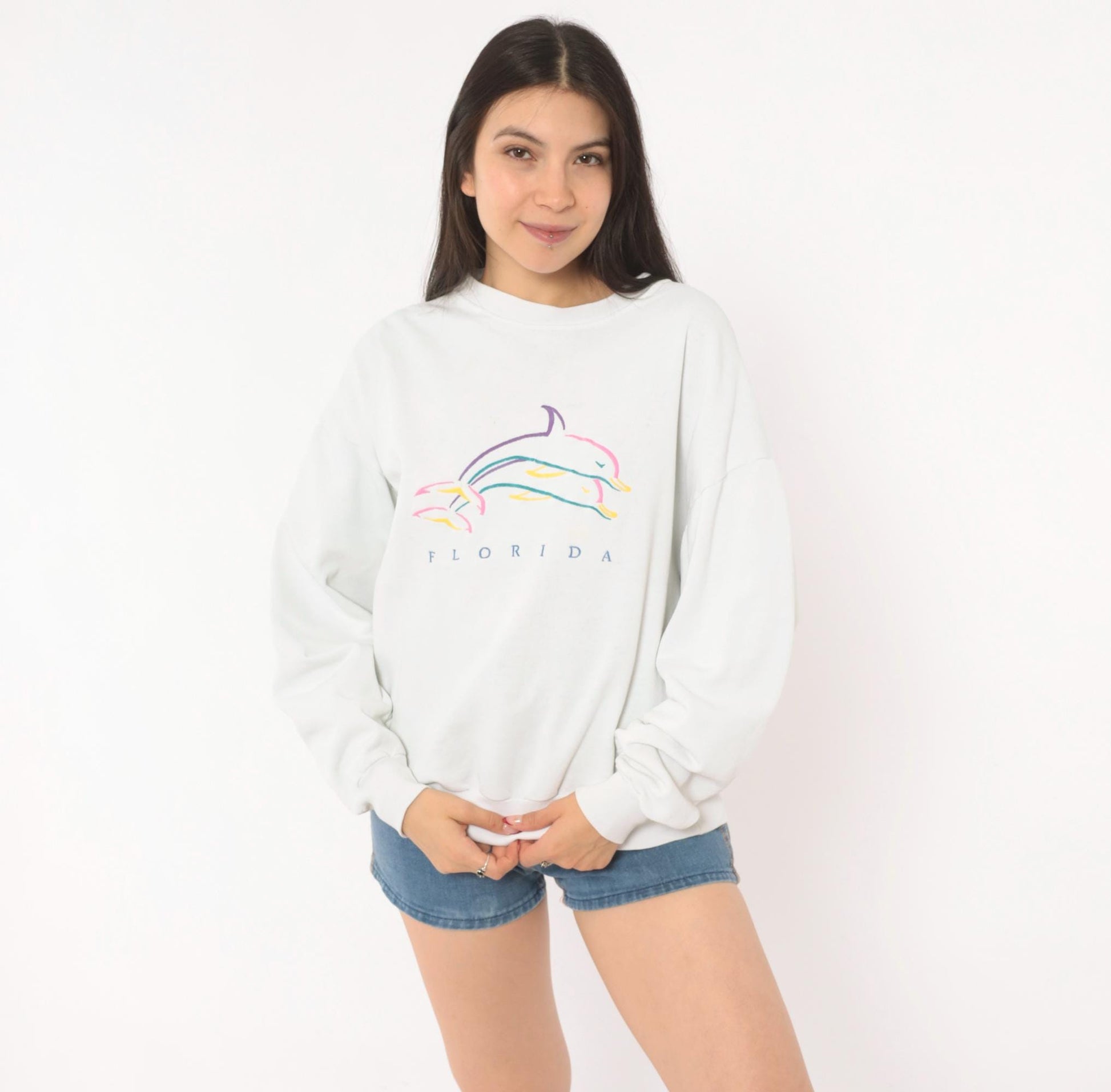 90s Florida Dolphin Graphic Sweatshirt White Crewneck Cotton Pullover Large L