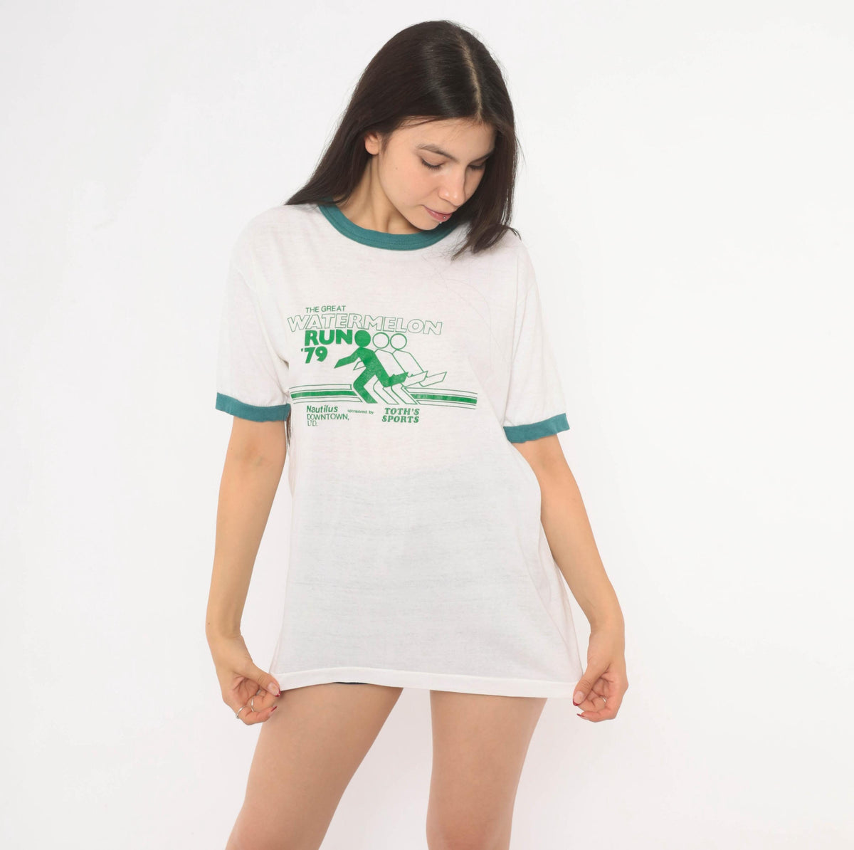 70s Watermelon Run Ringer Tee White Green Graphic Race Event Large L