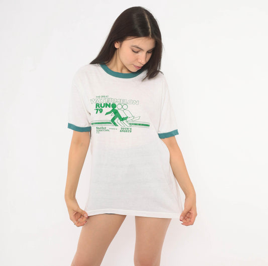 70s Watermelon Run Ringer Tee White Green Graphic Race Event Large L