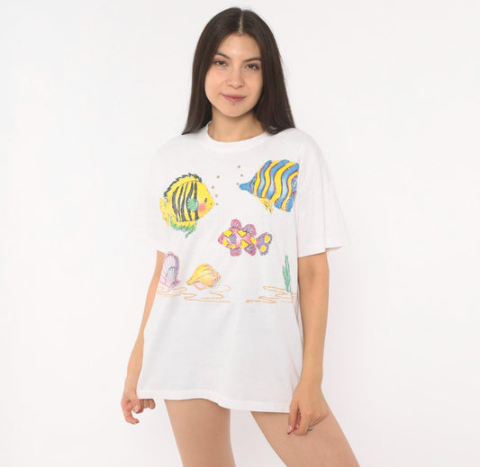 90s Decosport Tropical Fish Underwater Crew Neck Tee White Puff Paint Large L