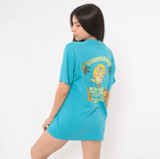 90s Fudpuckers Florida Teal Graphic Tee Pelican Bar Grill Screen Stars Large