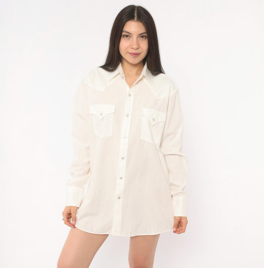 90s Ely Cattleman Western Snap Shirt Ivory Pointed Collar Yoke Medium