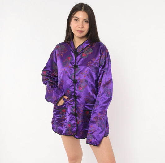 90s Purple Brocade Jacket Mandarin Collar Frog Button Chinese Satin Extra Large XL