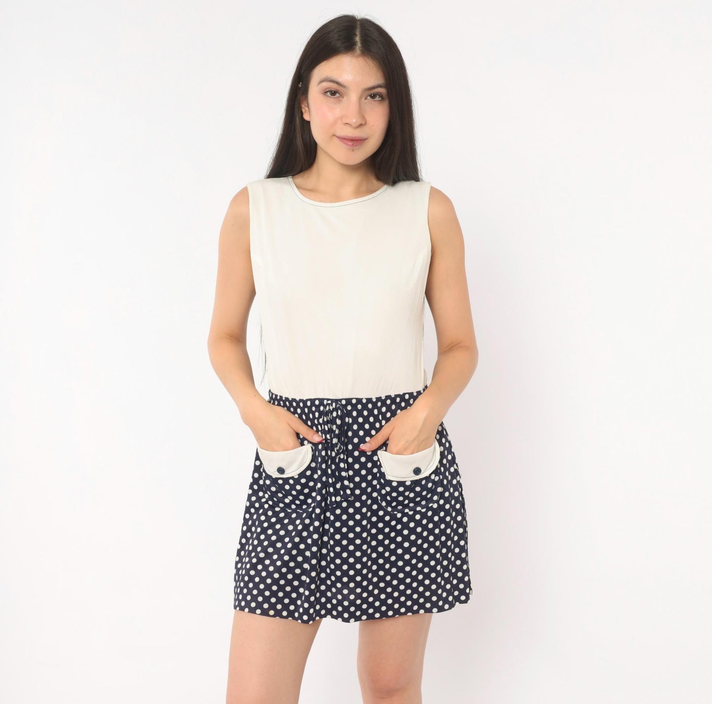 60s Jerell Two-Tone Polka Dot Mini Dress Navy Cream Mod Shift Medium M