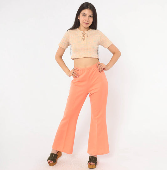 70s Peach Flare Pants High Rise Bell Bottom Trousers Knit Large L
