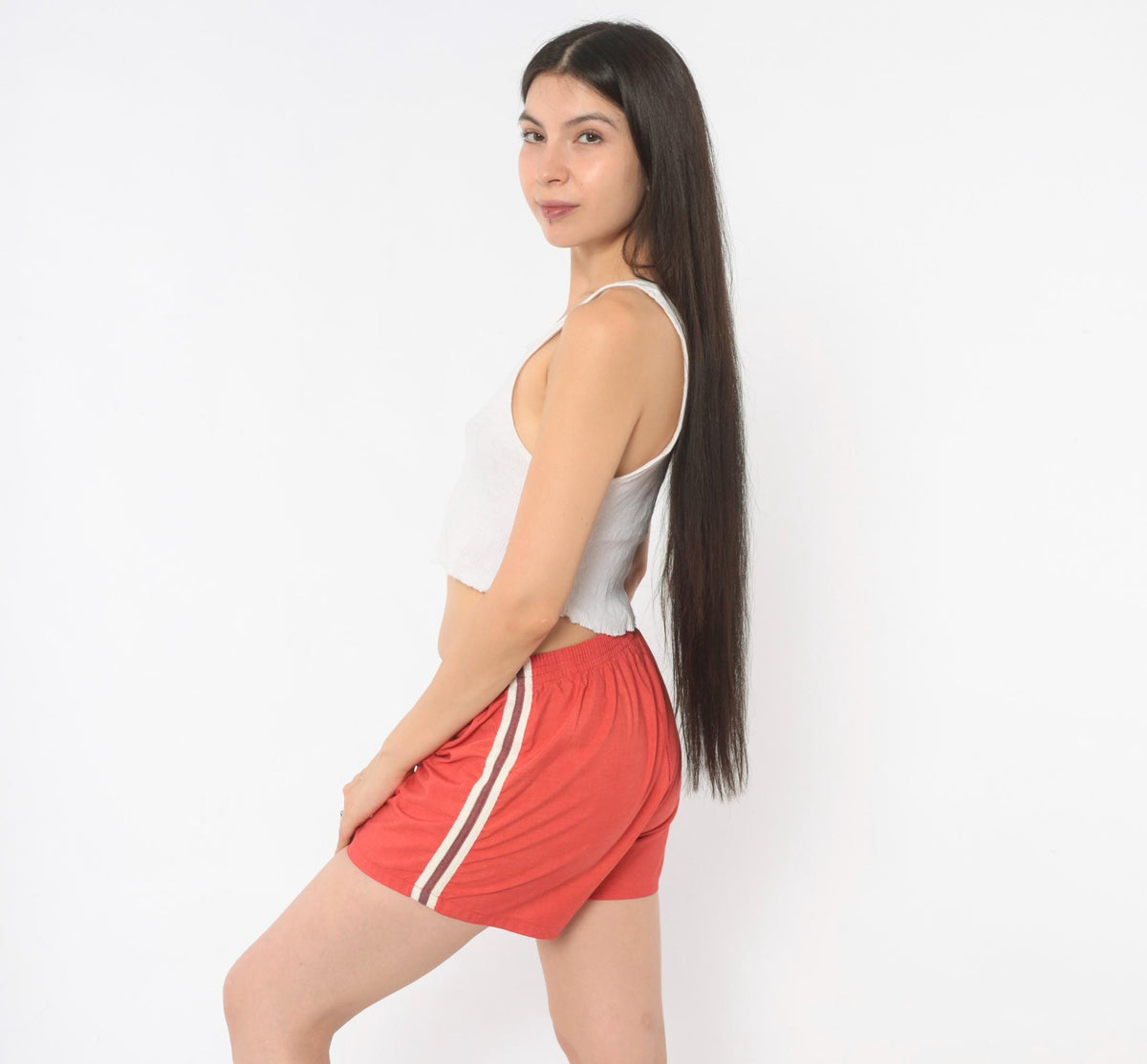 80s Red Athletic Running Shorts Cotton Side Stripe White Trim Extra Small XS
