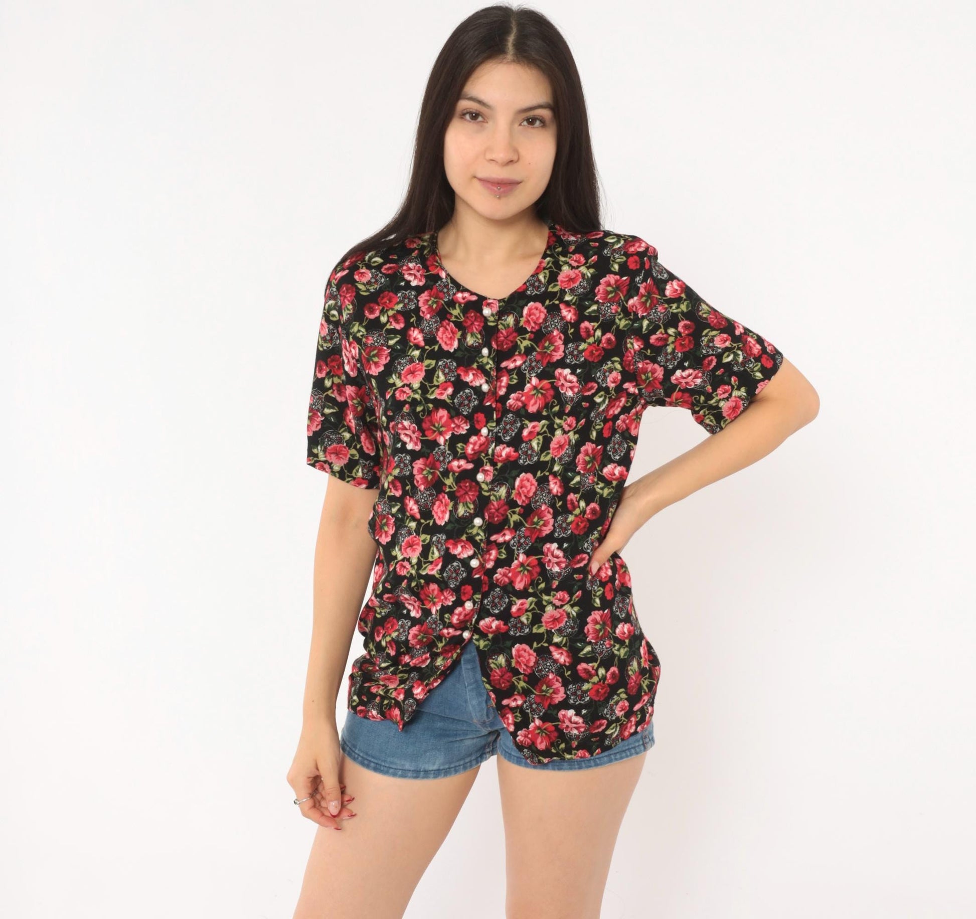 90s Katelyn Rose Black Pink Floral Button Blouse Short Sleeve Small S