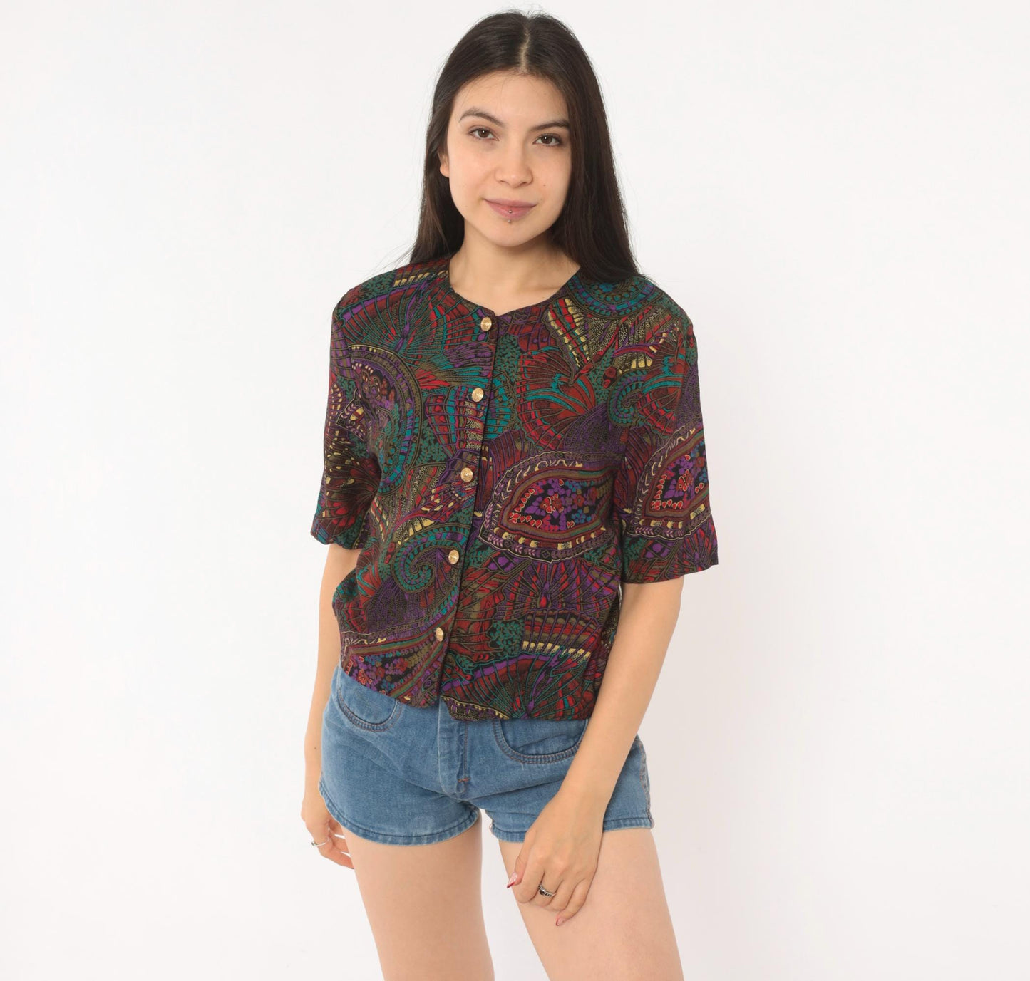 80s Norton Mcnaughton Paisley Button Blouse Teal Purple Gold Small S