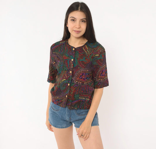 80s Norton Mcnaughton Paisley Button Blouse Teal Purple Gold Small S