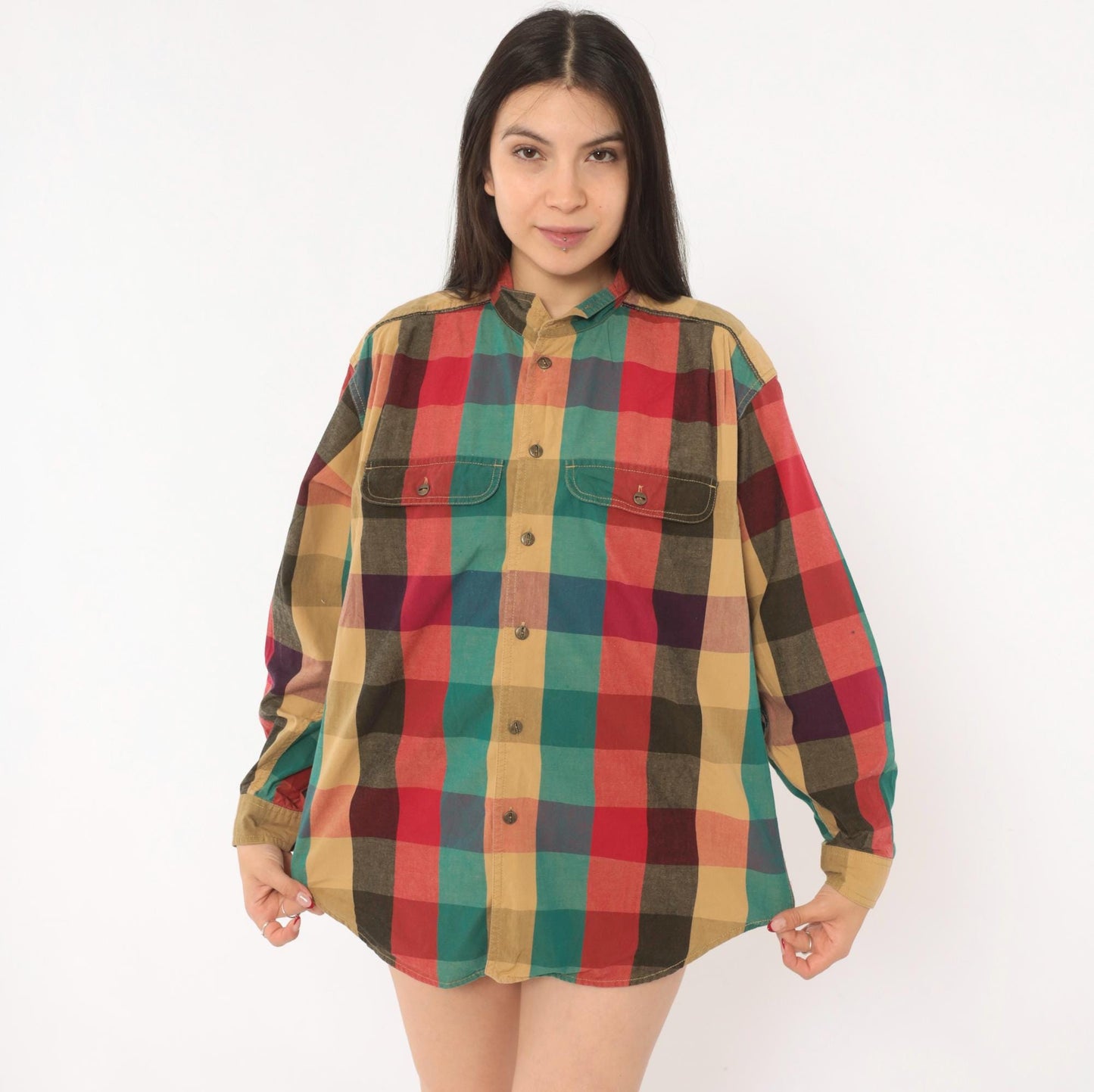 90s Lizwear Plaid Flannel Shirt Button Front Red Teal Cotton Medium