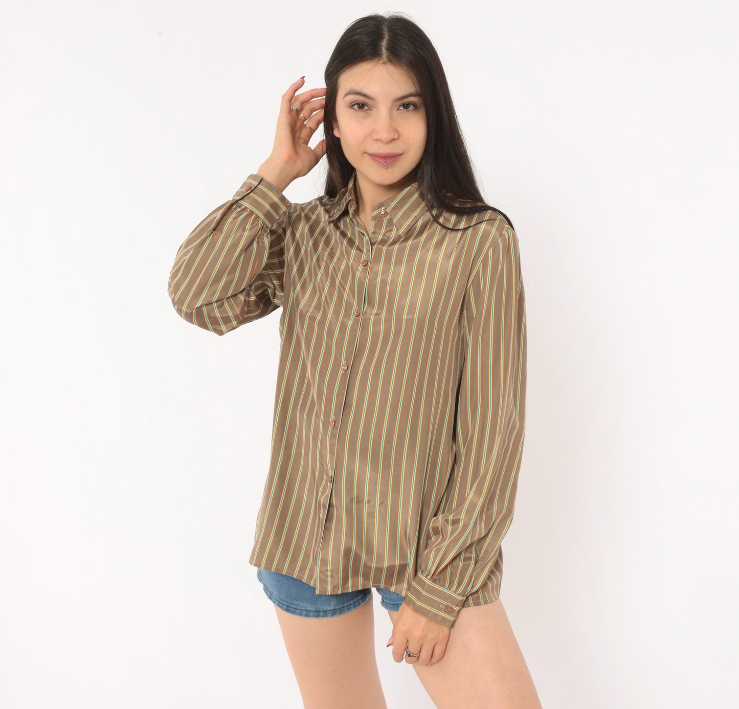 80s Jebb Levy Striped Button-Up Shirt Tan Teal Yellow Pinstripe Medium