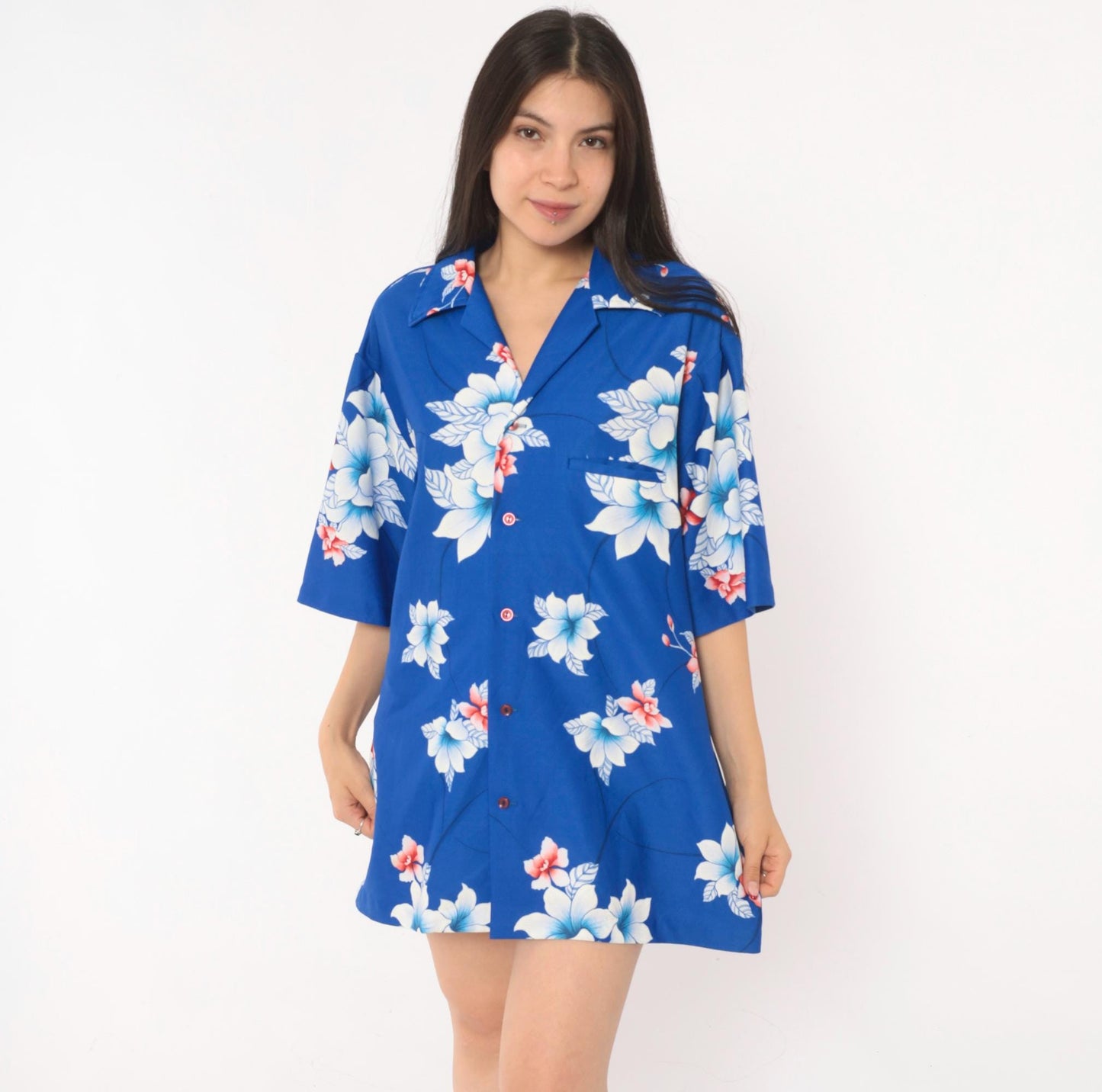 70s Hilo Hatties Hawaiian Shirt Blue Orchid Floral Camp Collar Medium