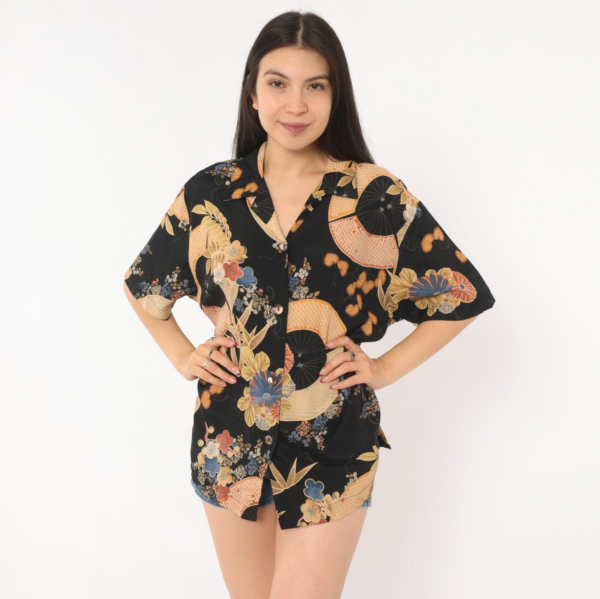 90s Clio Japanese Fan Floral Camp Collar Blouse Black Gold Rayon Large L
