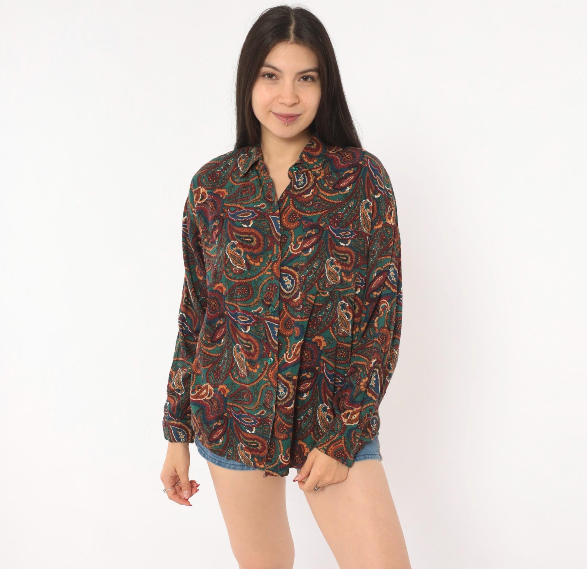 90s Basic Editions Paisley Button Up Shirt Teal Burgundy Small S