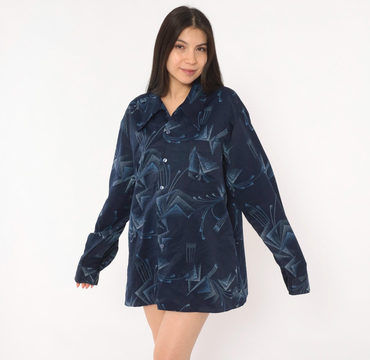 70s Paul Howard Navy Geometric Camp Collar Shirt Abstract Print Large L