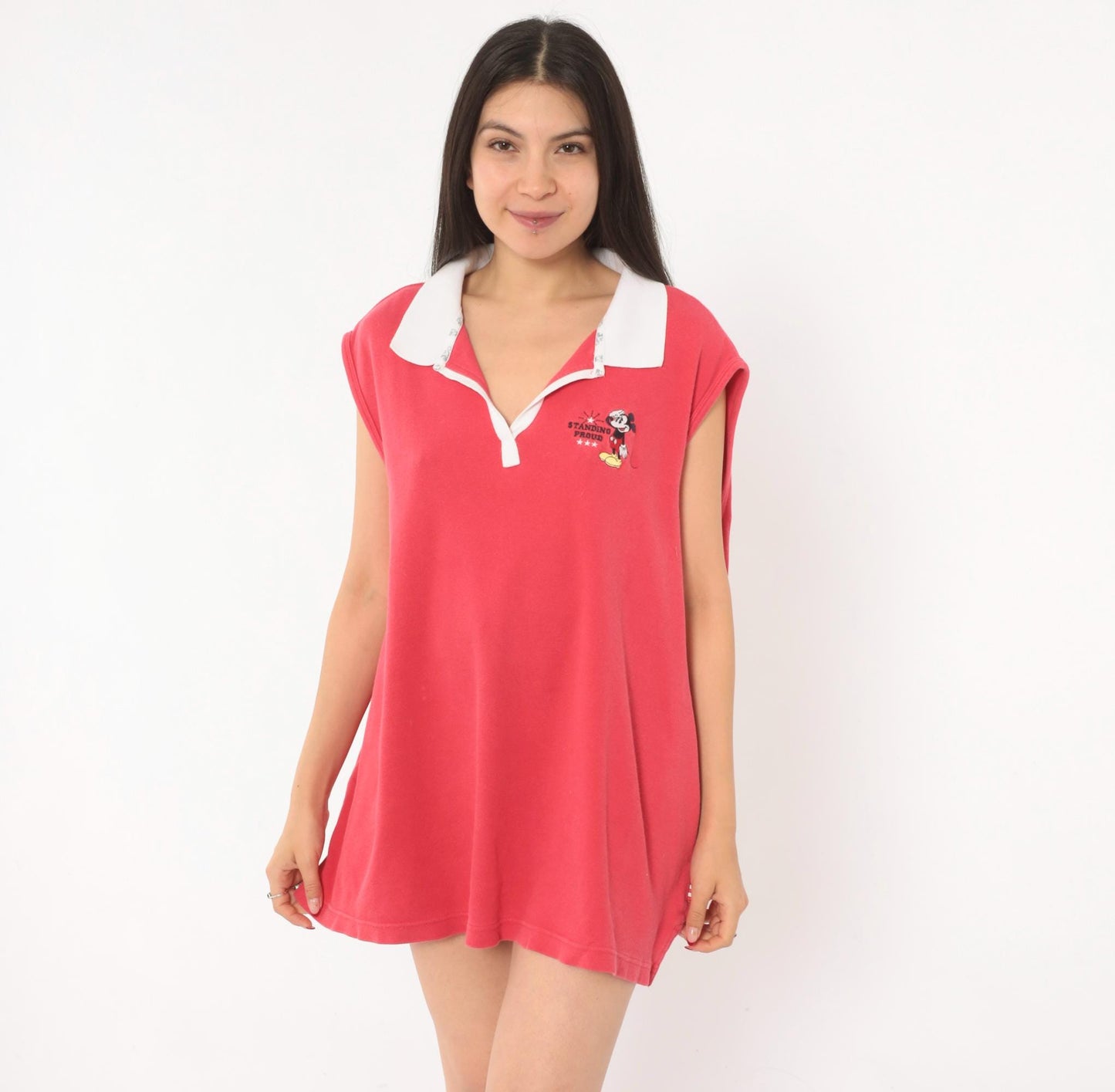 Y2K Mickey Mouse Disney Polo Shirt Embroidered Red Cotton Cap Sleeve Plus Size XXL
