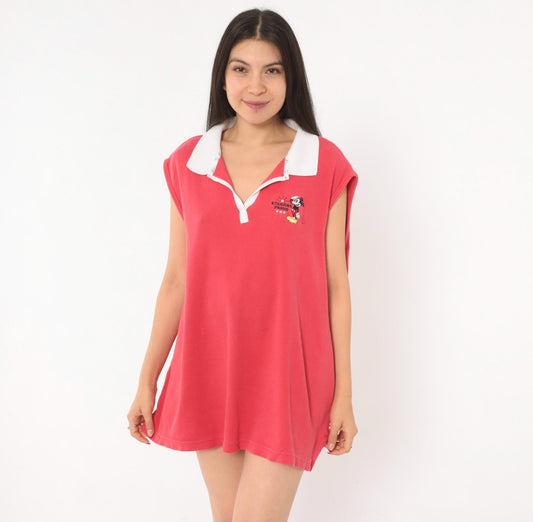 Y2K Mickey Mouse Disney Polo Shirt Embroidered Red Cotton Cap Sleeve Plus Size XXL