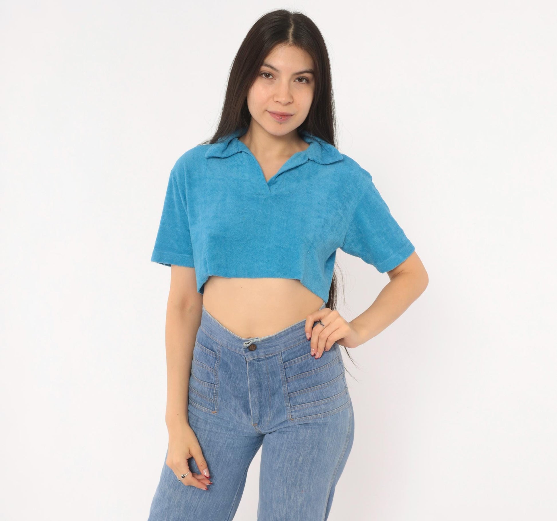 80s Jason Maxwell Terry Cloth Crop Top Blue Polo Collar Small Medium