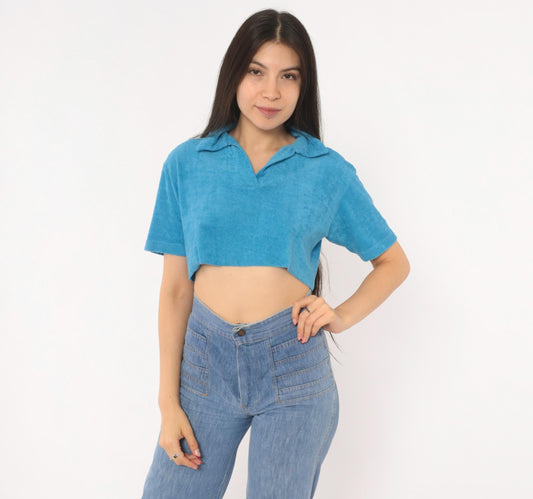 80s Jason Maxwell Terry Cloth Crop Top Blue Polo Collar Small Medium