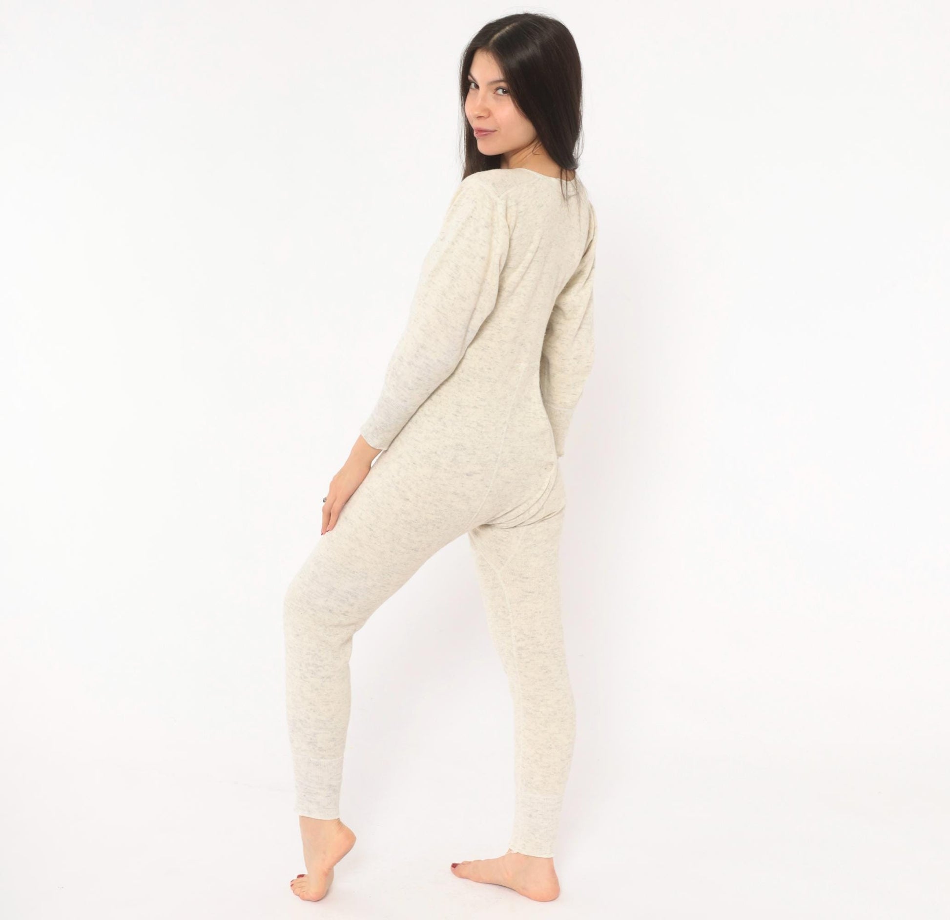 1950s JCPenney Union Suit Oatmeal Heathered Wool Cotton V-Neck Long Johns Extra Small XS