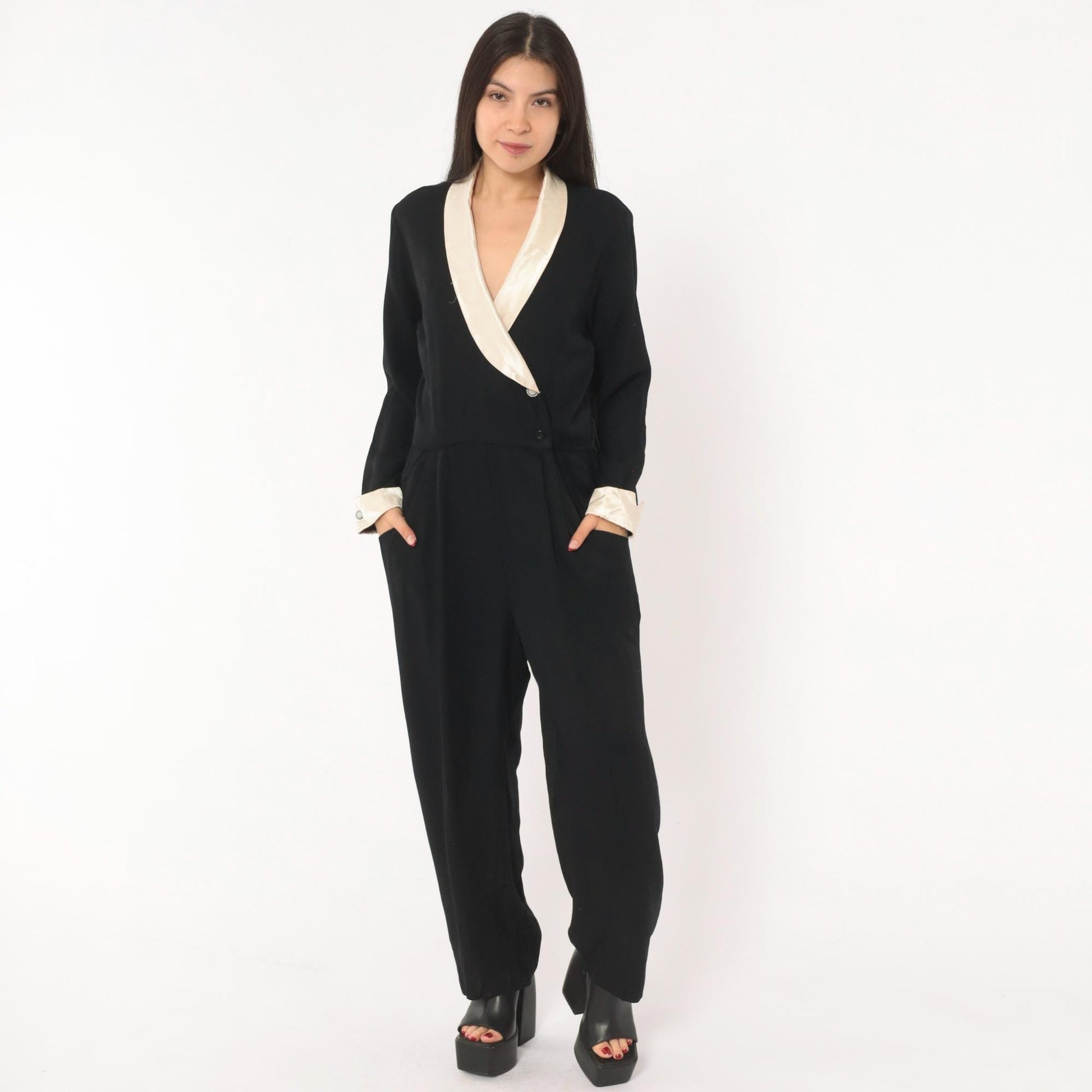 90s RJ & Co Black Jumpsuit Cream Satin Shawl Collar Wrap Front Medium M