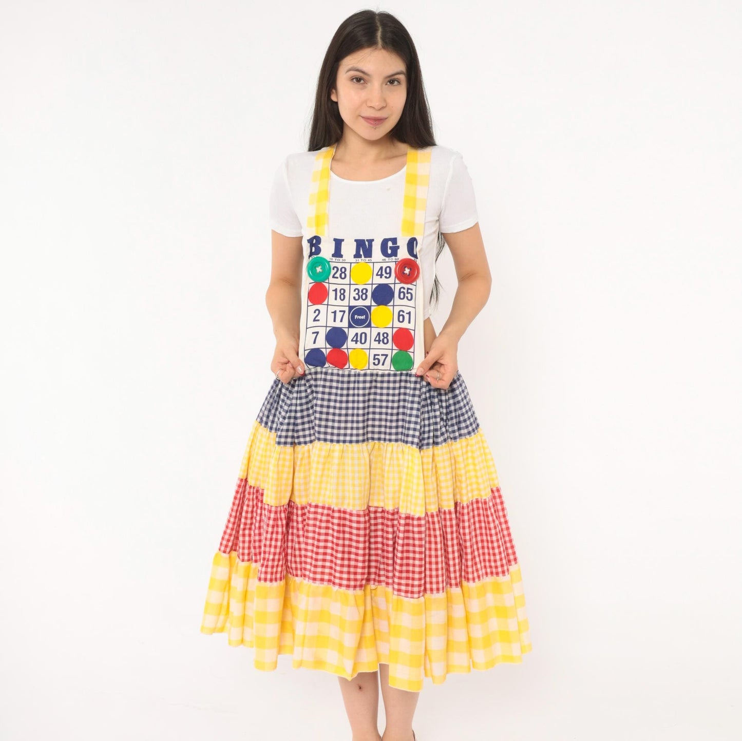 80s Bingo Card Cotton Pinafore Jumper Dress Tiered Gingham Navy Yellow Red Medium Large