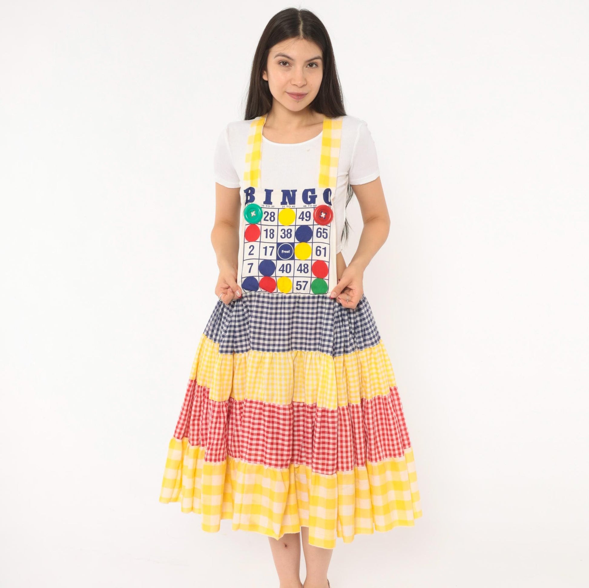 80s Bingo Card Cotton Pinafore Jumper Dress Tiered Gingham Navy Yellow Red Medium Large