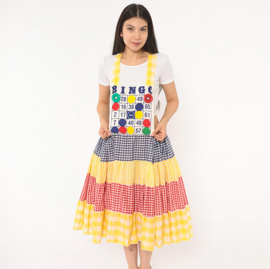 80s Bingo Card Cotton Pinafore Jumper Dress Tiered Gingham Navy Yellow Red Medium Large
