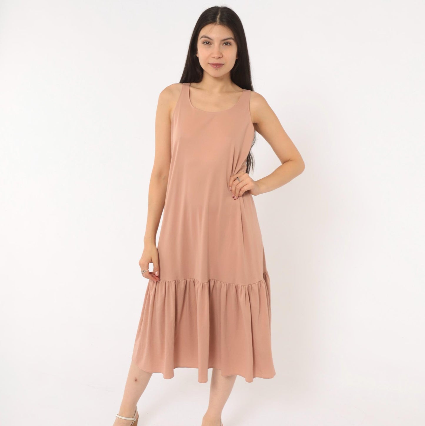 70s Dusty Rose Drop Waist Midi Dress Sleeveless Scoop Neck Tank Medium
