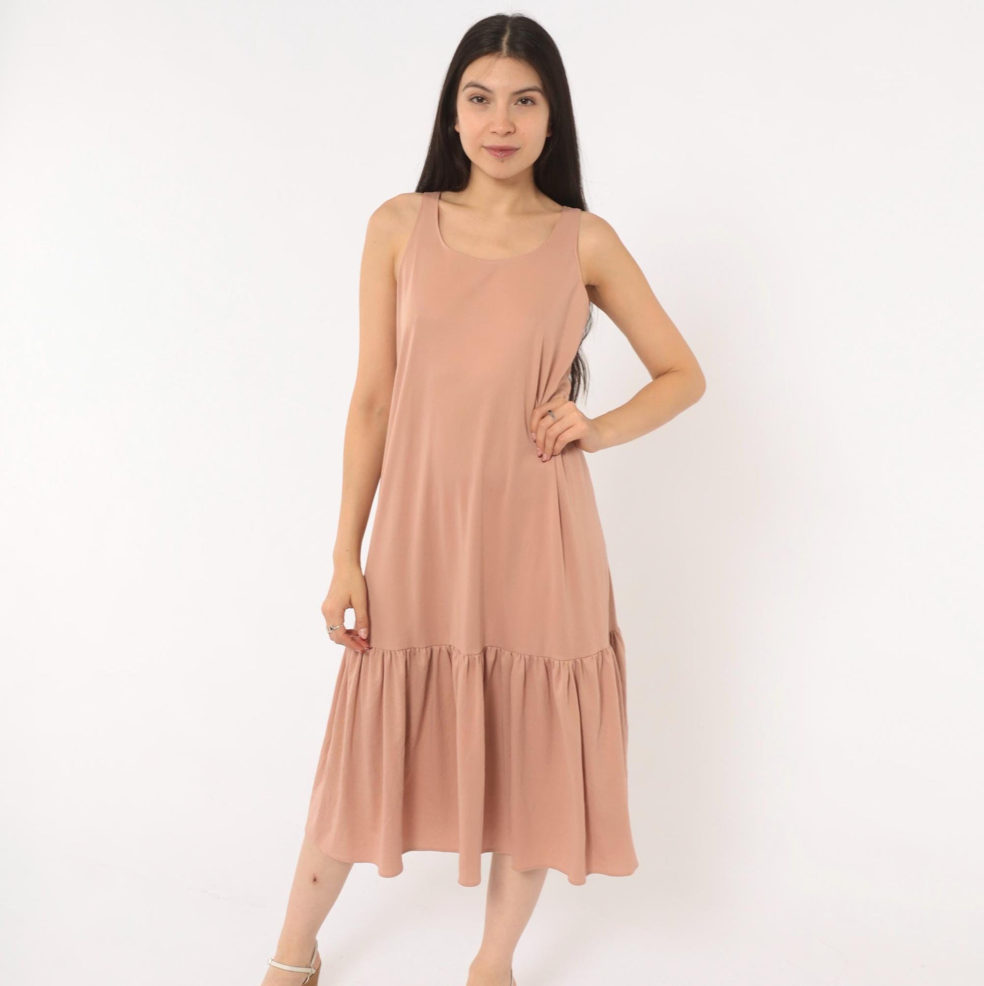 70s Dusty Rose Drop Waist Midi Dress Sleeveless Scoop Neck Tank Medium