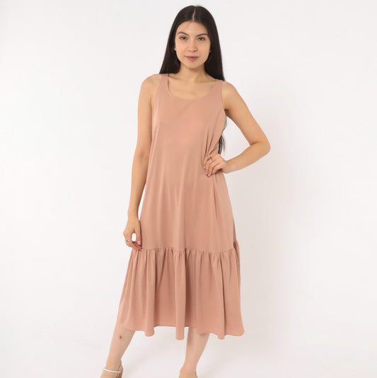 70s Dusty Rose Drop Waist Midi Dress Sleeveless Scoop Neck Tank Medium