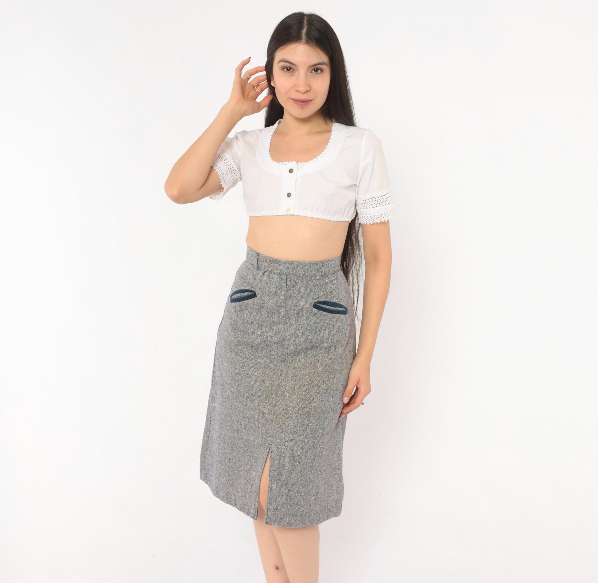 70s Navy Grey Tweed A-Line Skirt High Waist Welt Pocket Wool Blend Extra Small XS