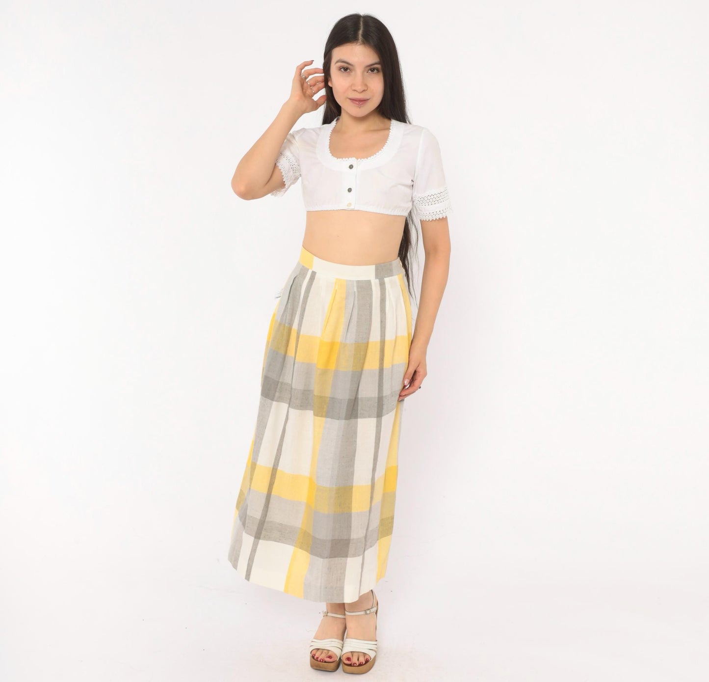 80s Stag & Co Plaid Midi Skirt Yellow Grey Ivory High Waist Pleated Medium