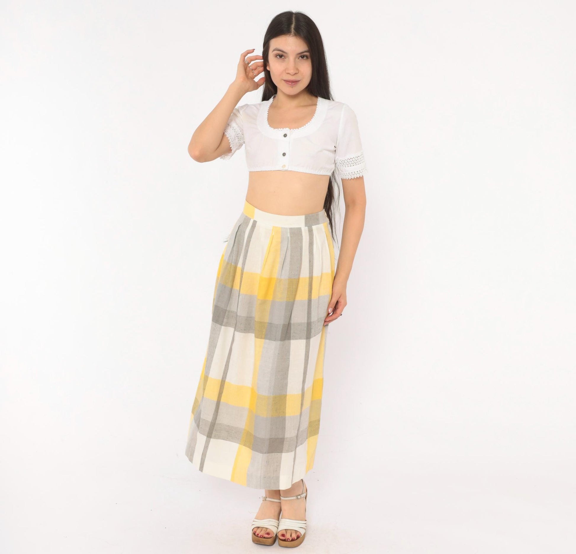 80s Stag & Co Plaid Midi Skirt Yellow Grey Ivory High Waist Pleated Medium
