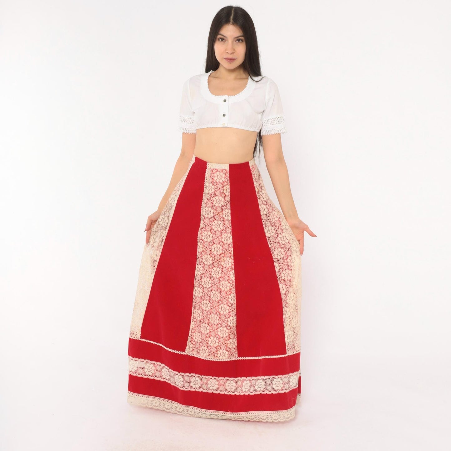 70s Red Velvet Maxi Skirt Cream Lace Panel A-Line Large L
