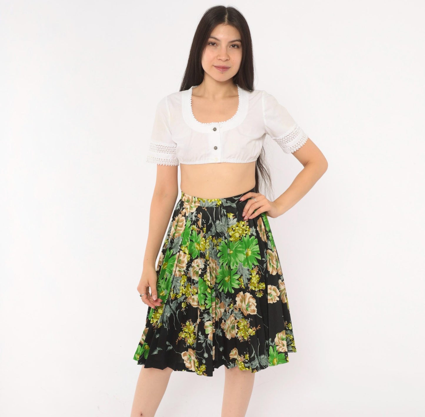 70s Floral Pleated Skirt Black Daisy Rose Print Knee-Length A-Line Extra Small