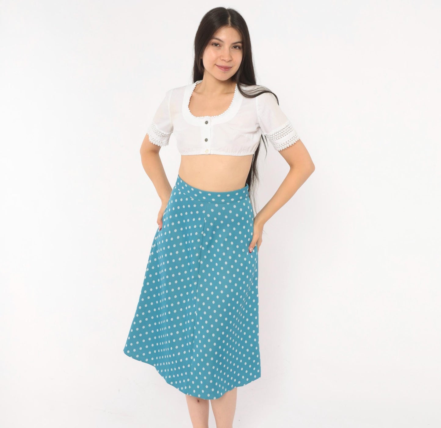 70s Teal Polka Dot A-Line Skirt White Spots Button Back Knee-Length Extra Small