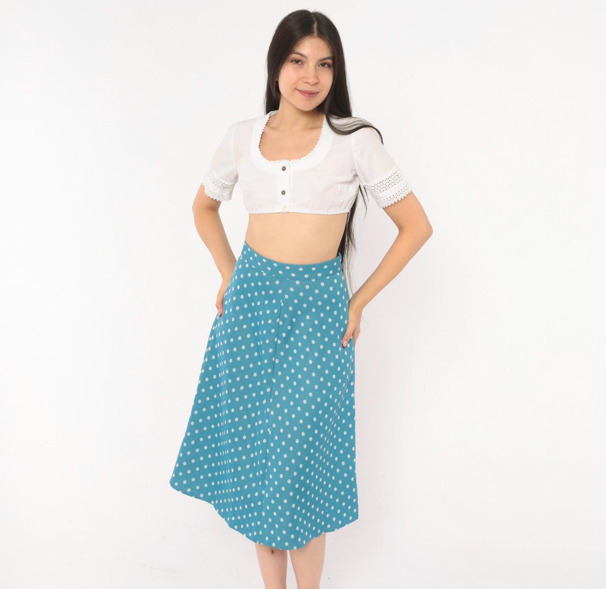 70s Teal Polka Dot A-Line Skirt White Spots Button Back Knee-Length Extra Small