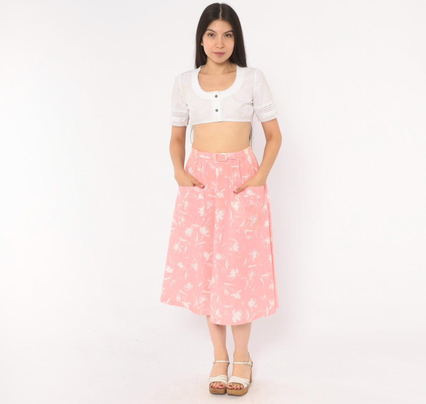 80s Ann Michele Pink Floral Midi Skirt White Tulip Print Small