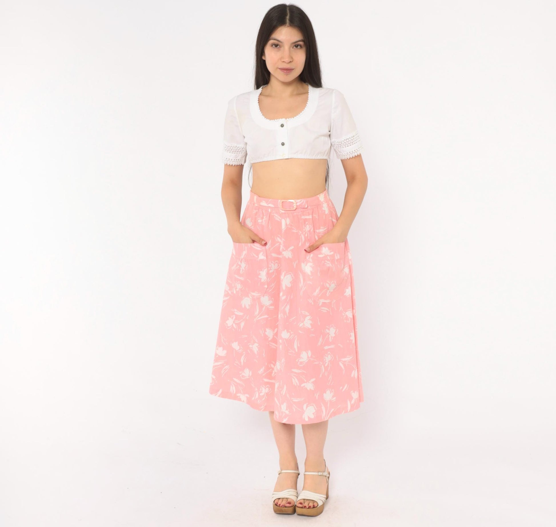 80s Ann Michele Pink Floral Midi Skirt White Tulip Print Small