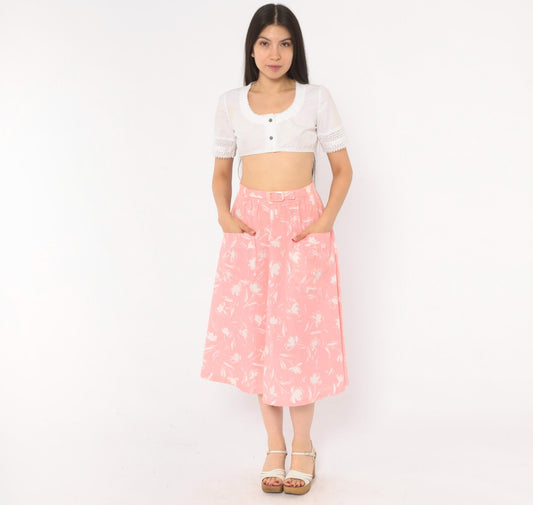 80s Ann Michele Pink Floral Midi Skirt White Tulip Print Small