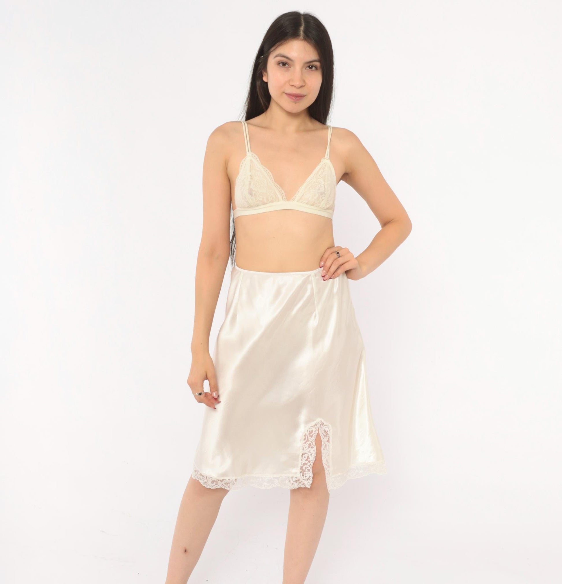 90s Victoria's Secret Half Slip Cream Satin Lace Trim Knee-Length Large L