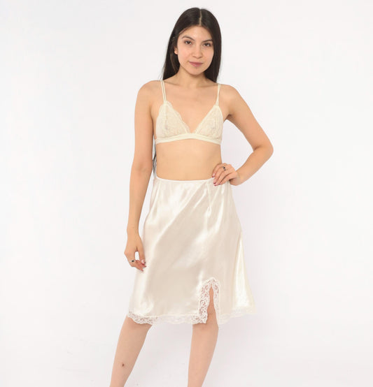 90s Victoria's Secret Half Slip Cream Satin Lace Trim Knee-Length Large L