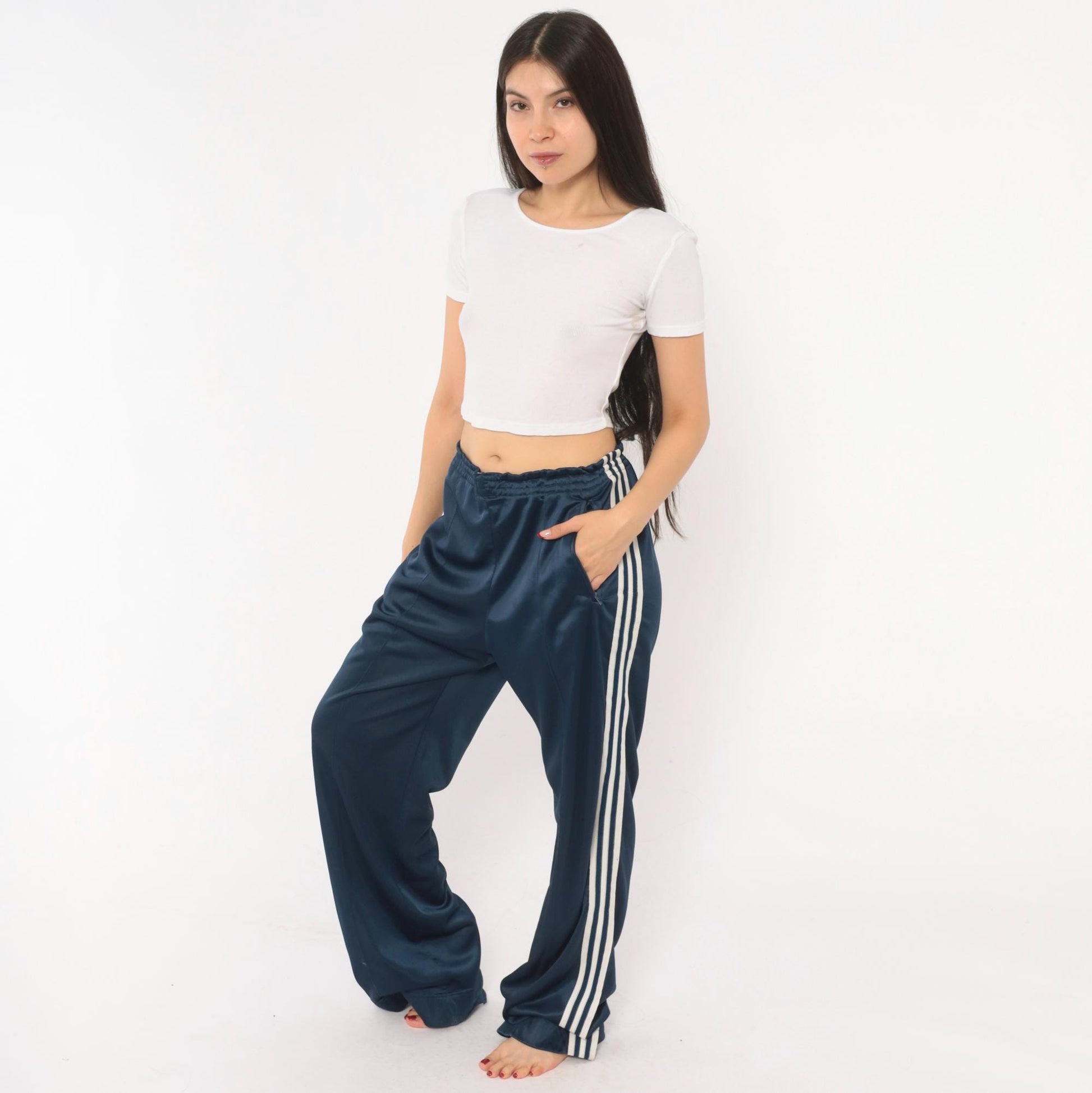 80s Adidas Navy Track Pants White Three Stripe Straight Leg Large L