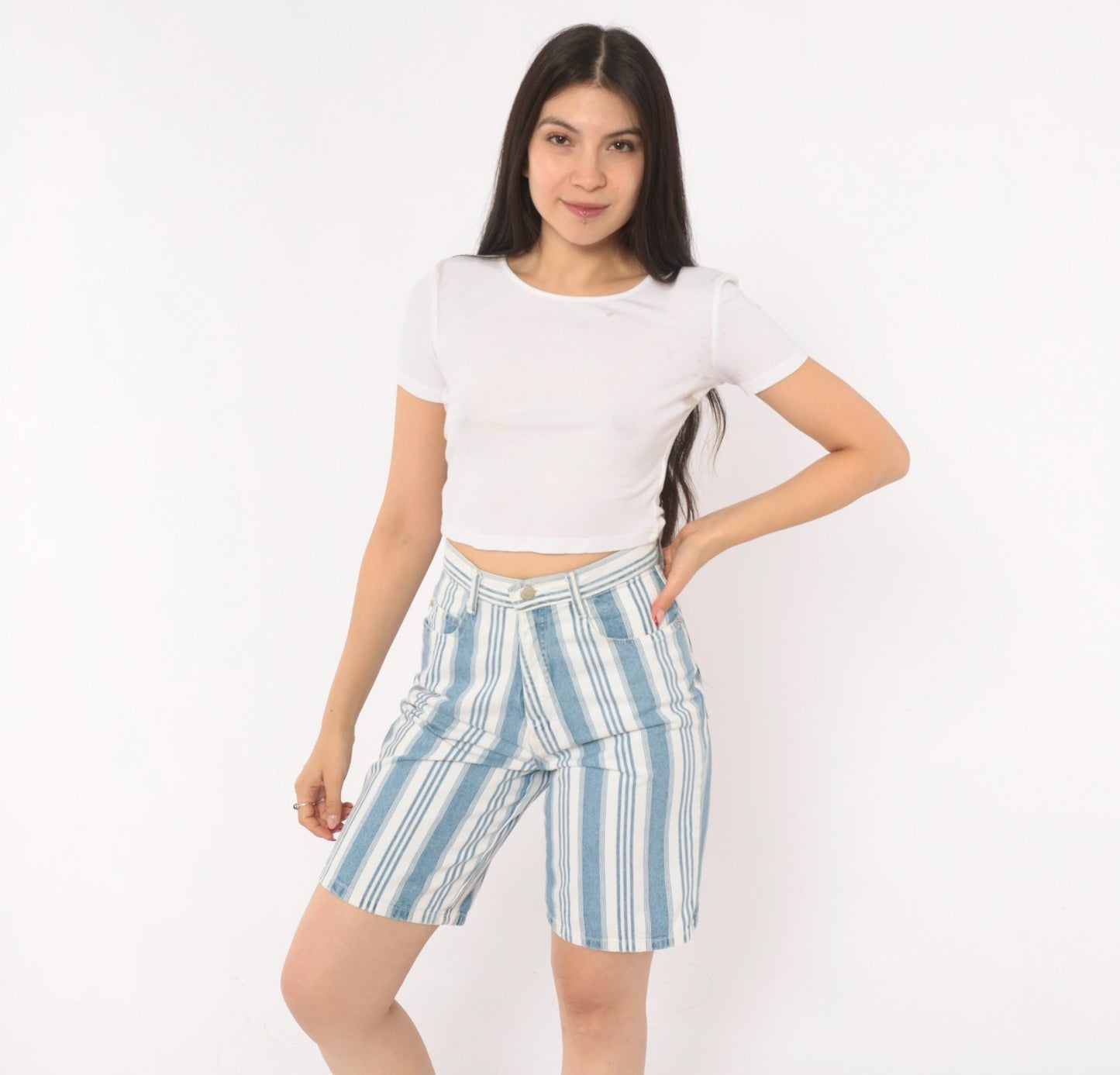 90s Mixed Blues Striped Denim Shorts High Waist Bermuda Blue White Cotton XS