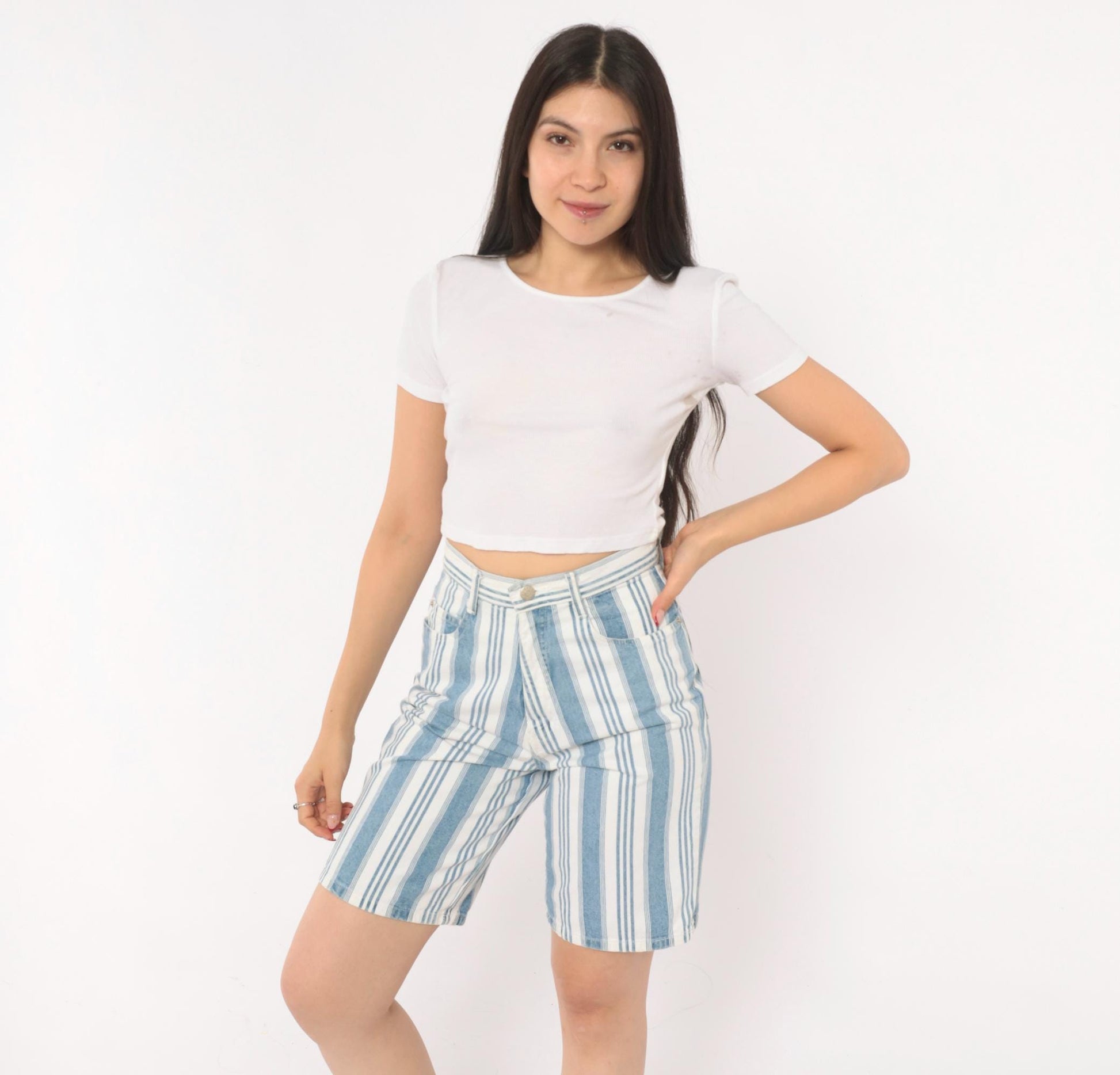 90s Mixed Blues Striped Denim Shorts High Waist Bermuda Blue White Cotton XS