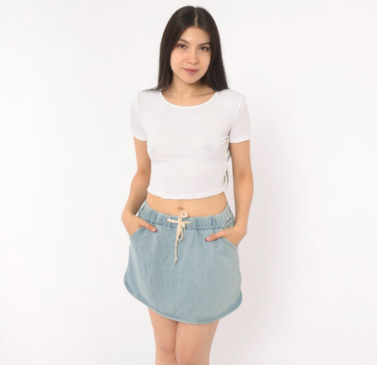 80s Light Wash Denim Mini Skirt Elastic Waist Curved Hem Small S