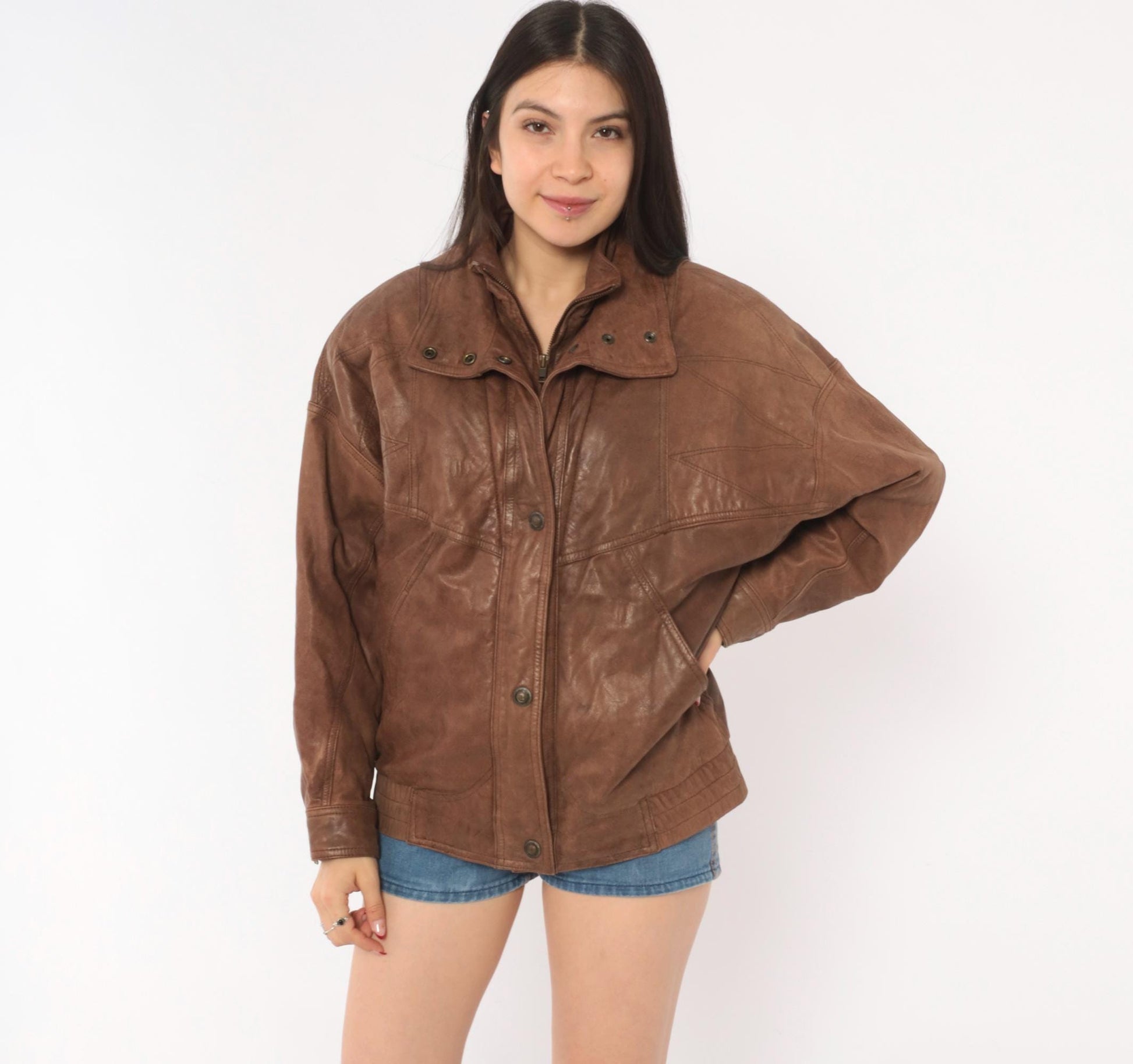 80s Adventure Bound Brown Leather Moto Jacket Snap Collar Small S